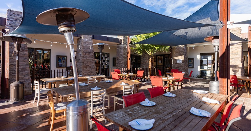 Patio, set-up dining tables and chairs