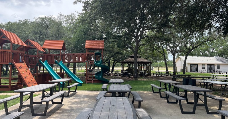 Outside, picnic tables, playground