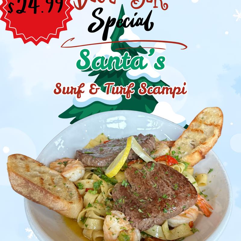 December Special Santa's Surf & Turf Scampi Grilled tenderloin and shrimp over a photo