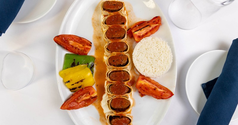 Skewered ground lamb and beef, wrapped in lavash bread