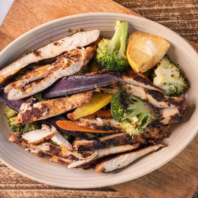 Grilled chicken, with seasonal vegetables.