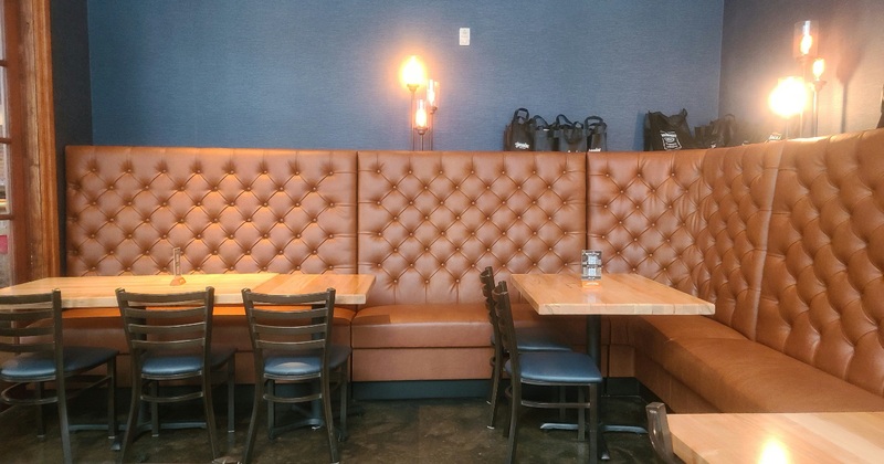 Interior, booth with dark-orange upholstery