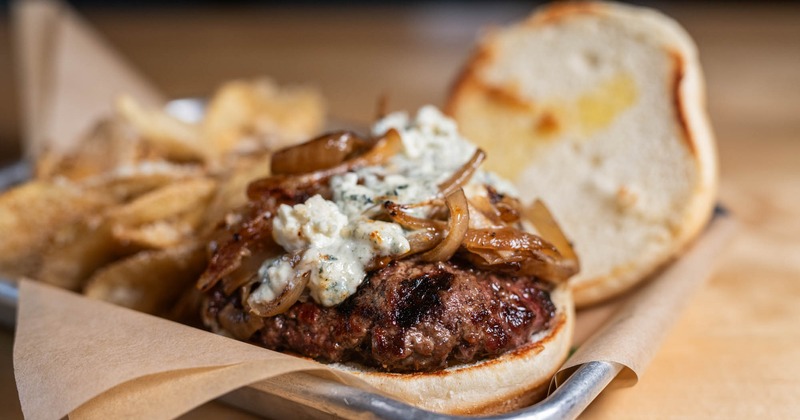 Blue Cheeseburger with caramelized onions and blue cheese