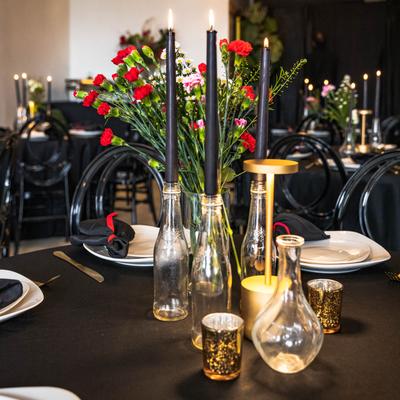 Fully set dining table, closeup.