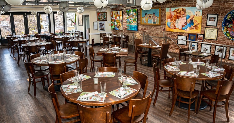 Interior space, dining room with set tables