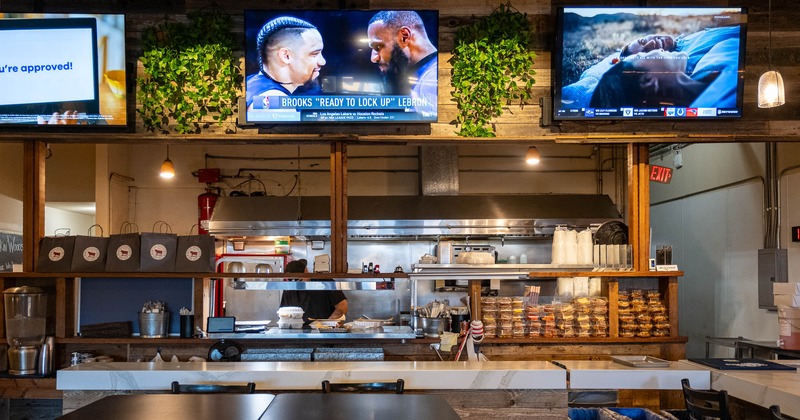 Interior, seating place with kitchen in the back