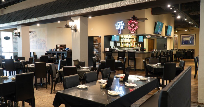 Interior, black chairs and tables