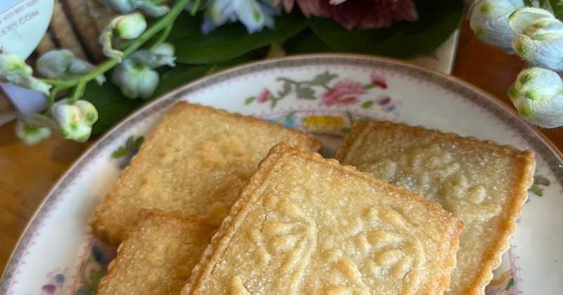 Butter shortbread cookies pressed with wildflower prints.