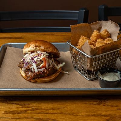 Smoked Pulled Pork and tater tots.