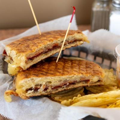 turkey panini with pasta salad.