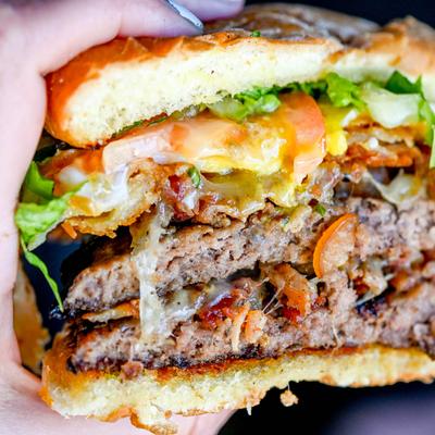 CB Burger, close up.