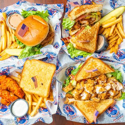 Assorted food on the table, top view.