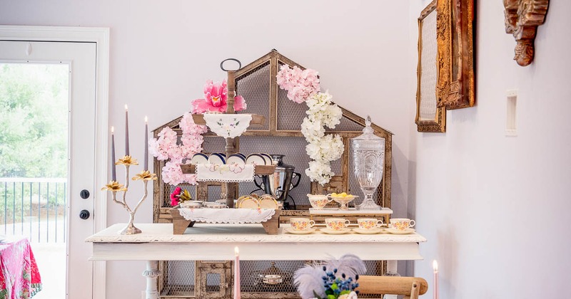 Interior, table with chairs with decoration on the wall