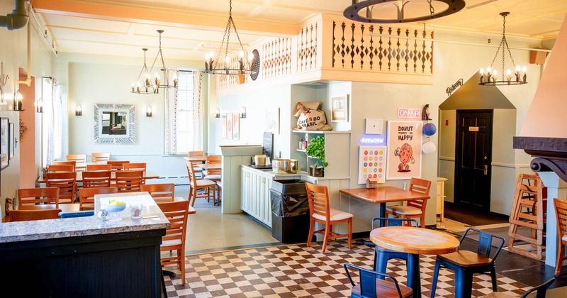 Interior, dining area, tables with chairs, ready for guests, waiter serving station