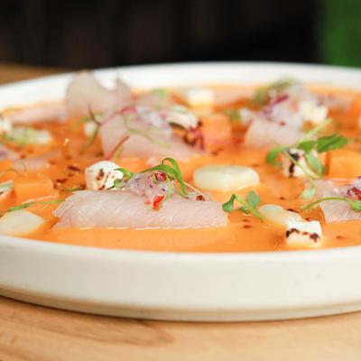 Thinly sliced fish, sweet Potato, smoked cheese and Peruvian corn