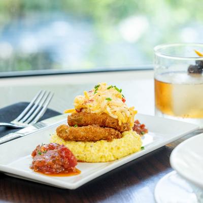 Fried Green Tomatoes with Pimento Cheese, Stone-Ground Grits, Tomato–Bacon Jam