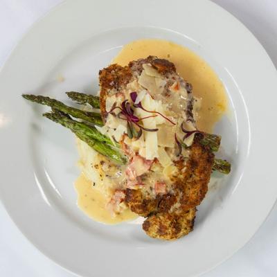 Top View, Panko Crusted Chicken, Yukon Mash, Asparagus.