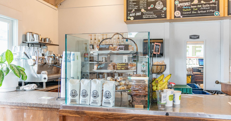 Interior, bakery display case at a coffee bar