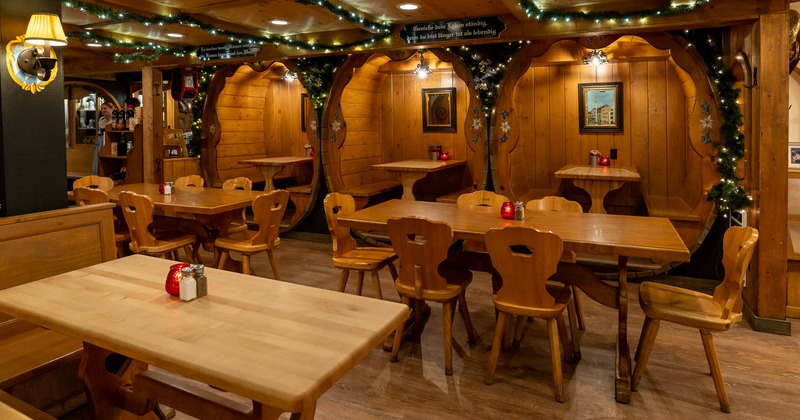 Wooden interior, booths in barrel shape