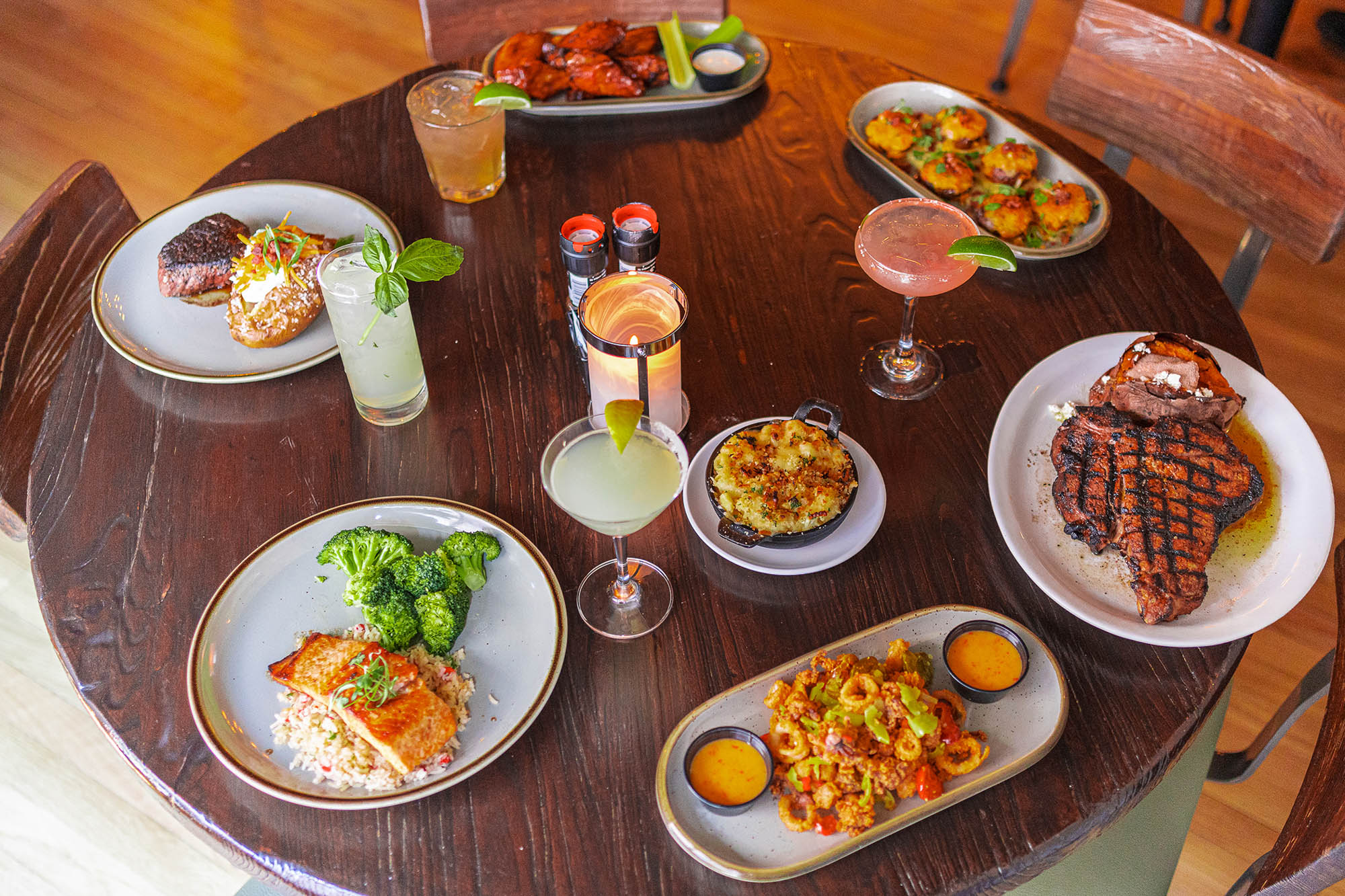 Various food and drinks on the table