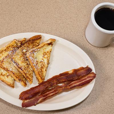French toast, bacon, and coffee.