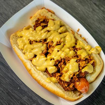 Chili dog, top view