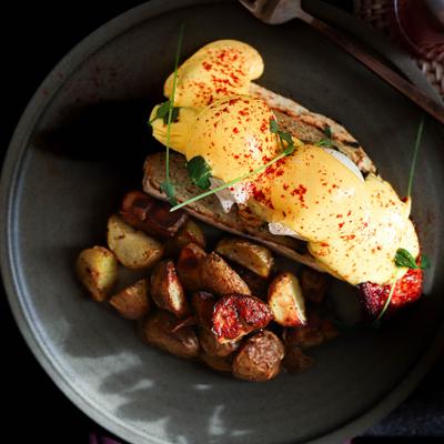 Candied Bacon Eggs Benedict.