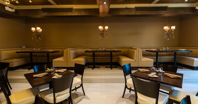 Interior, chairs, tables and restaurant booths
