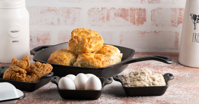Biscuits, fried chicken, boiled eggs, and gravy