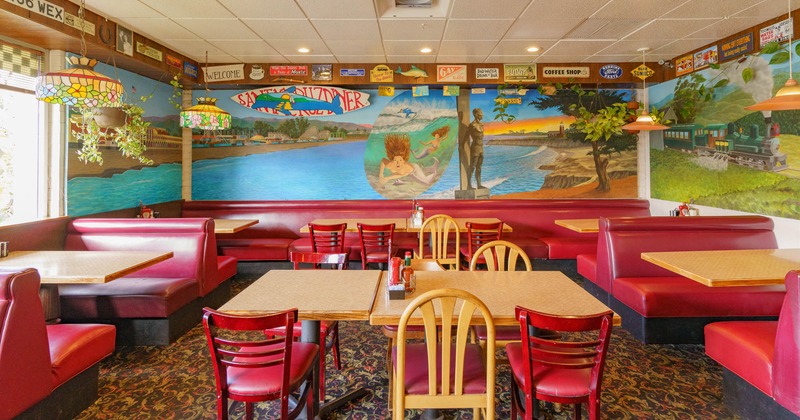 Interior, dining area seats and boots