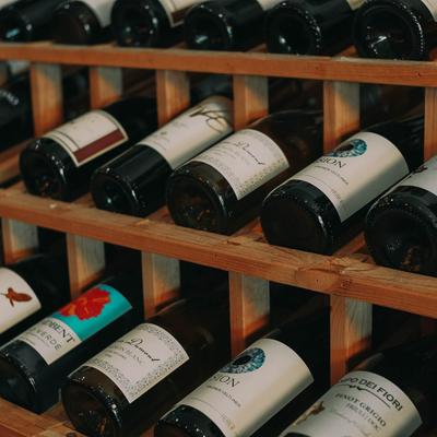 Close view of a wine racks with bottles