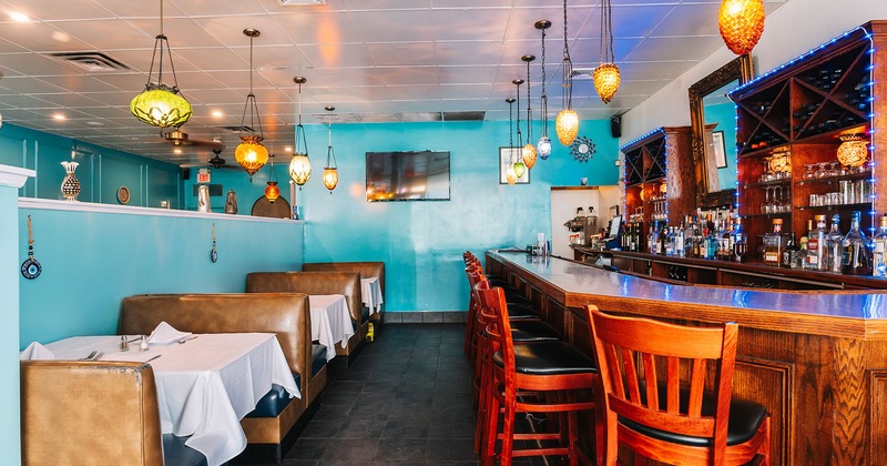 Restaurant interior, dining booths and bar