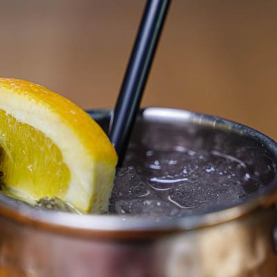 Peach Orange Mule cocktail, closeup.