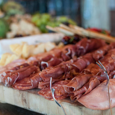Proscuitto and pepperoni variety plate closeup