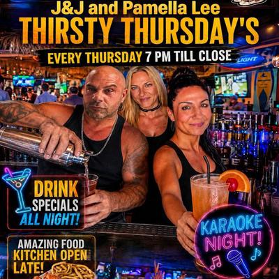 Flyer for Thirsty Thursday's with bartenders J&J and hosted by Pamella Lee for Karaoke Night Wantagh NY.