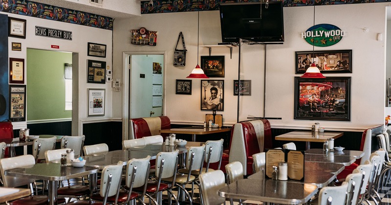 Dining area tables and seating, retro wall decor