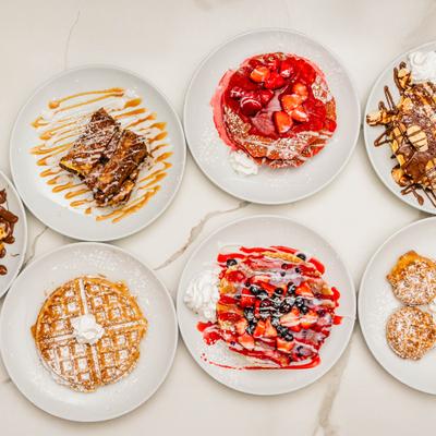 Assorted breakfast dishes displayed together.