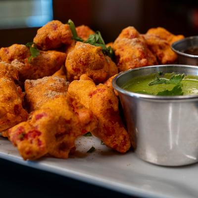 Chicken Pakora with sauces.