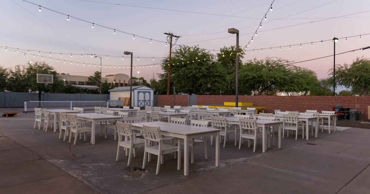 Exterior, seating space in front of the main entrance