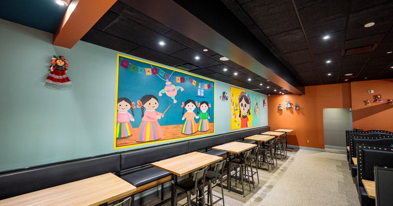 Dining space, paintings on the walls