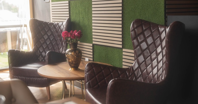 Seating area with two brown quilted leather armchairs