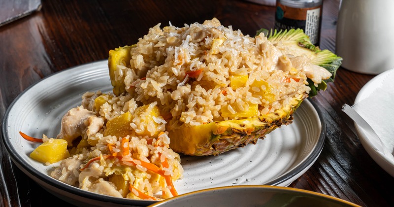 Fried rice in a hollowed out pineapple