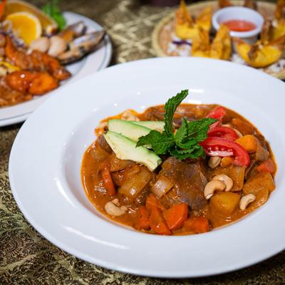 Marinated lamb curry with vegetables.