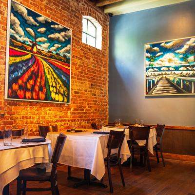 Interior, tables, chairs, paintings, window