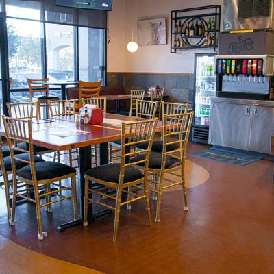 Restaurant indoor seating area.
