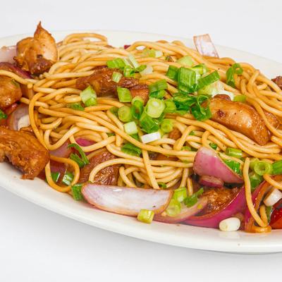 Grilled chicken with spaghetti, onions, scallions, and tomatoes.