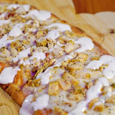 Chicken Ranch Flatbread, close up.