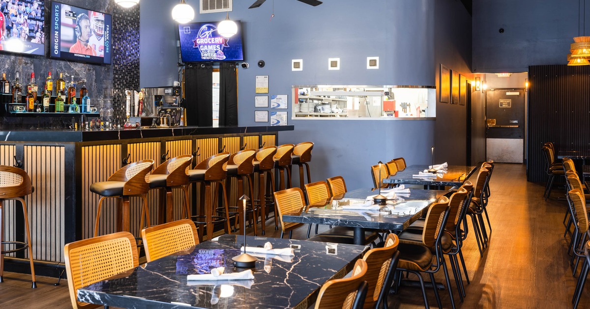 Interior, tables and chairs lined up