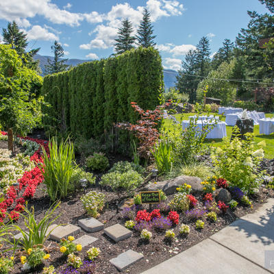 Garden of the restaurant with natural landscape in the back