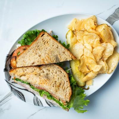 Turkey bacon ranch sandwich, top view.